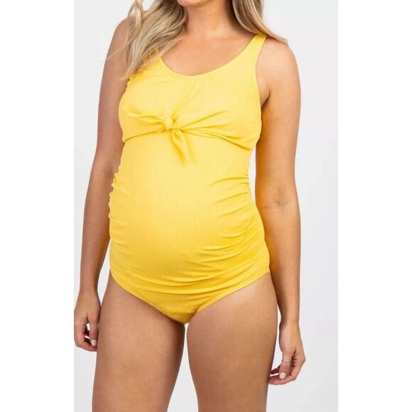 PinkBlush Women’s Yellow Ribbed Front Knot One-Piece Maternity Swimsuit Size M - Picture 2 of 12